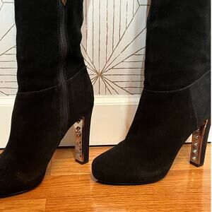 Fergie Herbie Tall Black Faux Suede Over Knee High Heel Boots Studs size 10 $150